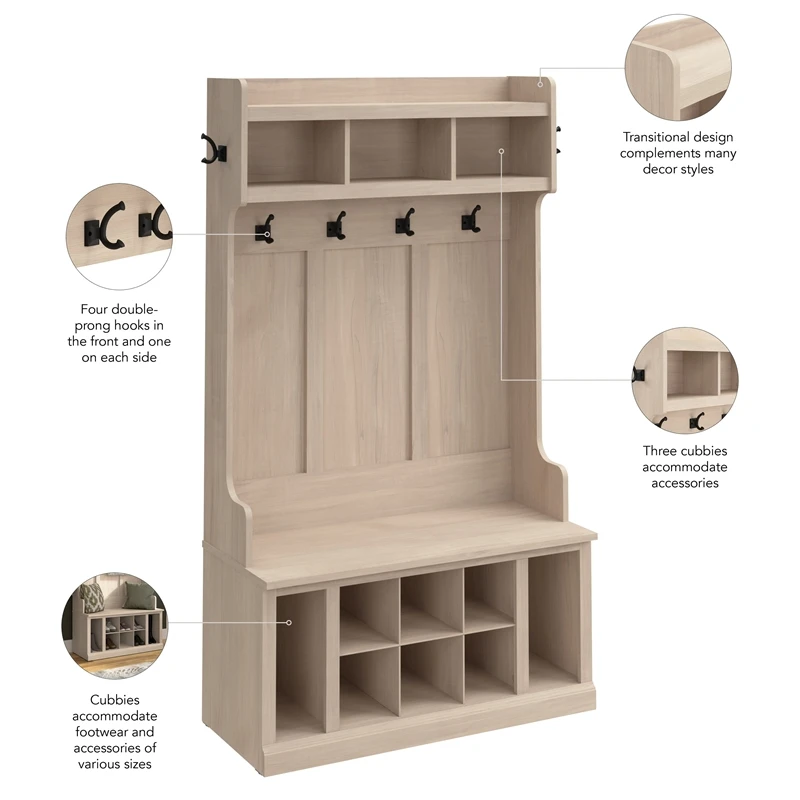 Woodland 40W Hall Tree And Shoe Bench In White Washed Maple - Engineered Wood 4 Woodland 40W Hall Tree And Shoe Bench In White Washed Maple - Engineered Wood - Image 4
