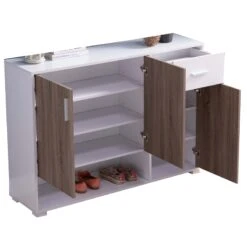 47 Inch 3 Door Cabinet Console Single Drawer Metal Handles White Taupe -Cymax Sales 2769882 1 L