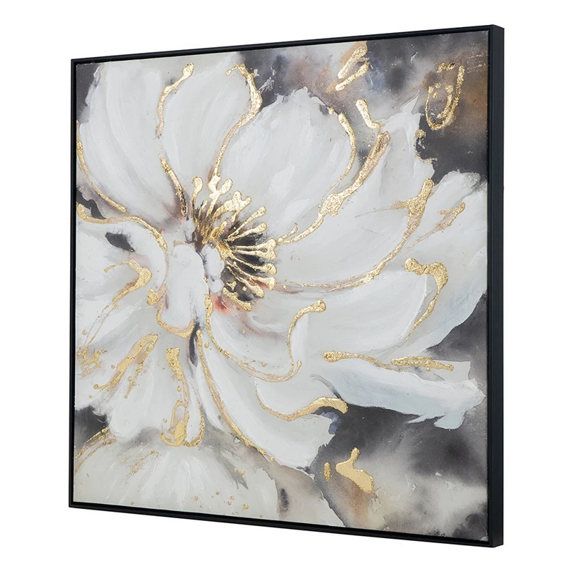 36 X 36 Inch Framed Wall Art Floral Oil Painting On Canvas White Gold 5 36 X 36 Inch Framed Wall Art Floral Oil Painting On Canvas White Gold - Image 5