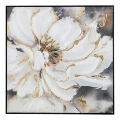 36 X 36 Inch Framed Wall Art Floral Oil Painting On Canvas White Gold