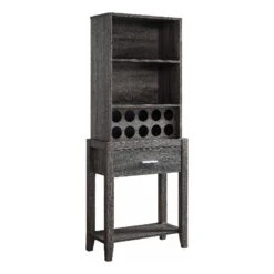 66 Inch Wine Cabinet With 3 Shelves Bottle Rack Distressed Gray Finish