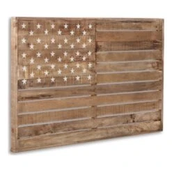 45 Inch Wood American Flag Wall Decor D-Ring Hanging Bracket Light Brown
